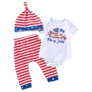 FUNDUFI Toddler Boys Clothes Sets Short Sleeve Happy Independence Day Letter Star Striped Prints Bodysuit Stretchy Shorts With Hat 3Pcs Outfit Sets Soft 4Th Of July Summer Clothes Set 0-3 Months